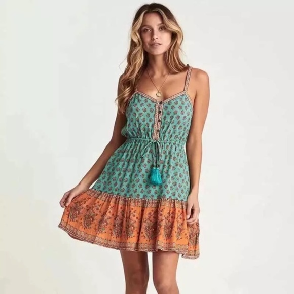 Dresses & Skirts - Teal & Orange Floral Ornate Bohemian Gyspy Button Front Tank Summer Casual Dress